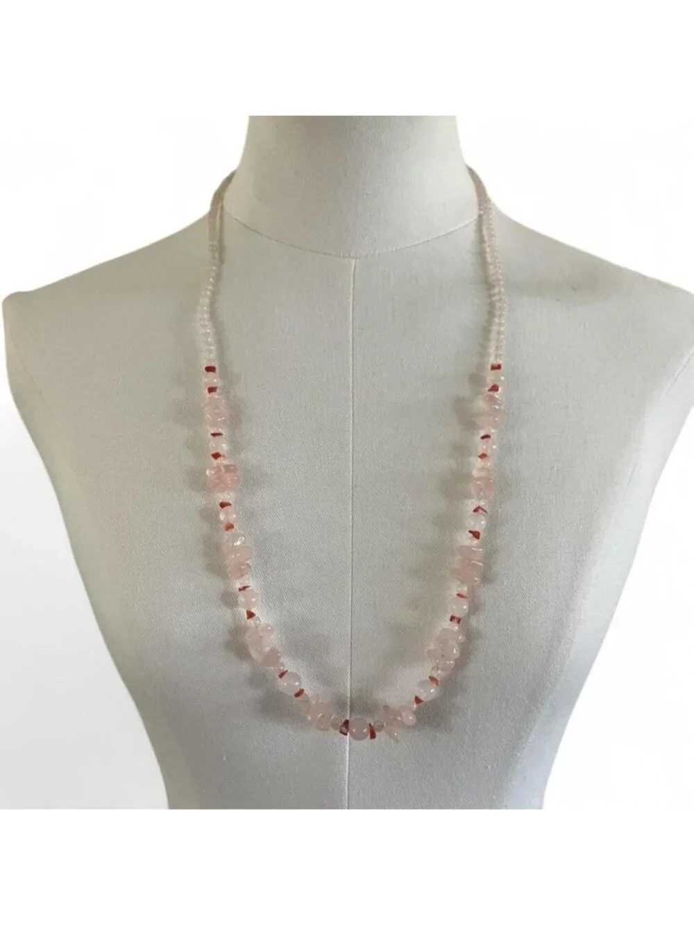 Pink & White Beaded Necklace with Pink Stone Chip Accents Barrel Clasp